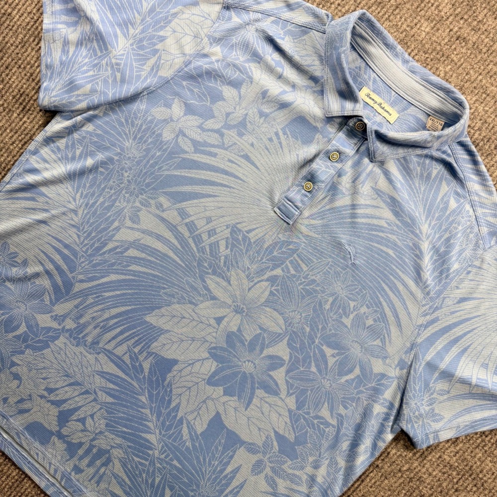 Tommy Bahama Mens XXL Blue Tropical Floral Palm Print Short Sleeve Polo Shirt